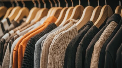 Obraz premium an organized minimalist wardrobe with neatly arranged neutral-toned clothing, wooden hangers, and ample empty space for clarity. 