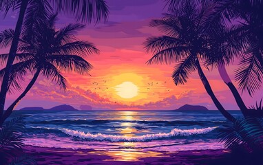 Tropical beach sunset with palm trees and birds.