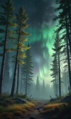 Fototapeta premium Misty forest with a subtle glow of aurora borealis, stillness, peaceful