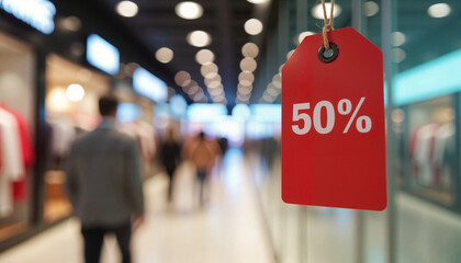 Red 50% discount tag in a shopping mall corridor