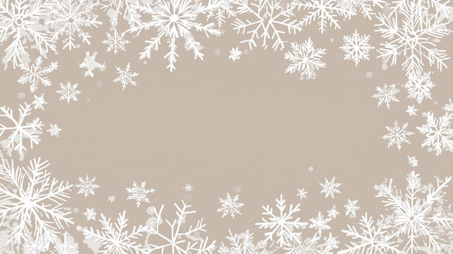 White snowflake border with a light beige background. This winter themed design is perfect for holiday cards, seasonal invitations, and Christmas decorations.