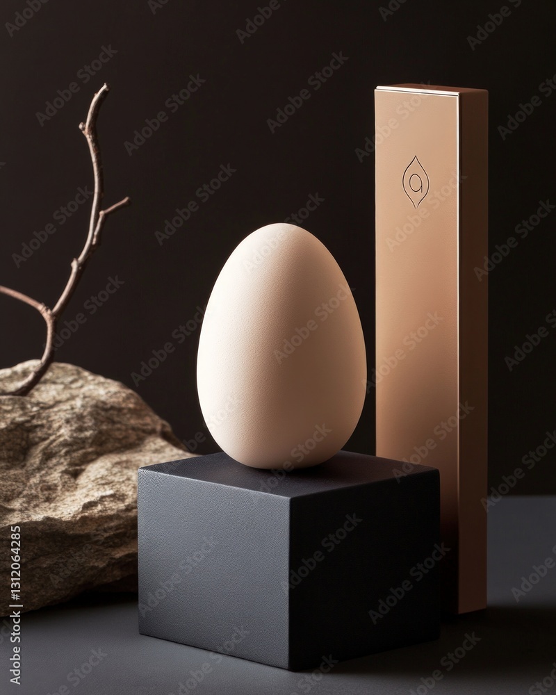 Poster a still life composition featuring a textured egg on a black cube a bronze rectangular object and a 