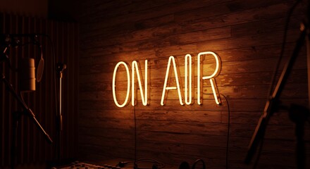 Warm neon On Air sign glows invitingly against rich wood background. AI Generated