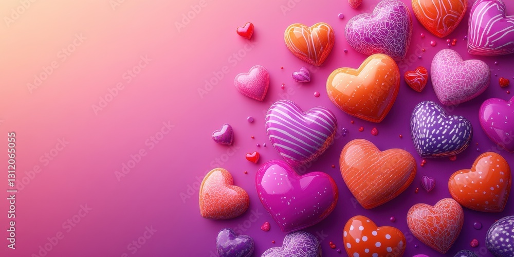 Poster vibrant and colorful hearts on a soft gradient background creating a romantic atmosphere