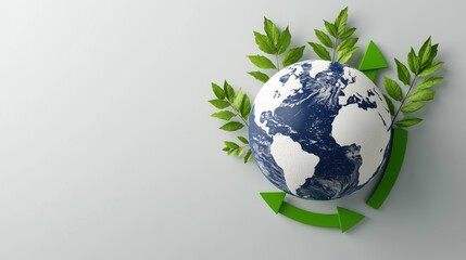 Glossy and Colorful Earth Globe Encircled by Lush Green Leaves Representing Sustainable Future and Environmental Conservation