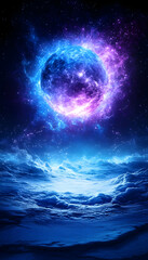 A glowing orb in a starry night sky with clouds in the foreground