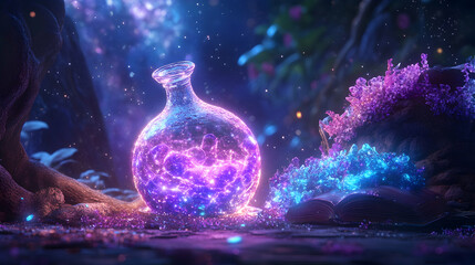 A glowing potion in a glass bottle rests on the forest floor, surrounded by crystals and shimmering light