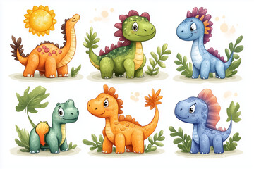 Obraz premium Cute cartoon dinosaurs in vibrant colors surrounded by playful plants and sunshine