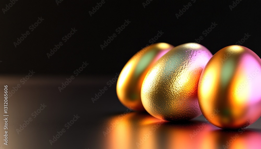 Poster three golden eggs on a reflective dark surface with gradient lighting creating reflections and shado
