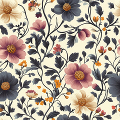 Beautiful vintage seamless floral pattern with delicate flowers and leaves on a cream background.