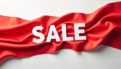 White "SALE" text on red silk fabric background