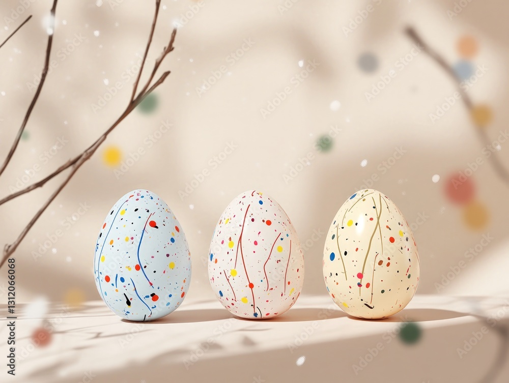 Poster three colorful speckled eggs stand on a beige surface with tree branches. soft lighting and bokeh