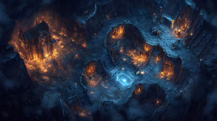 Aerial View of a Burning, Mystical Underground City at Night