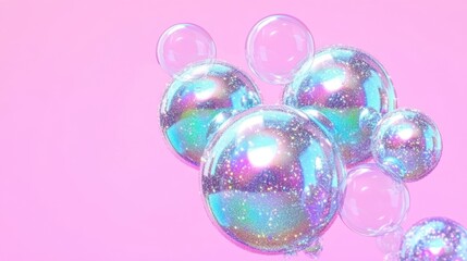 Fototapeta premium Iridescent spheres and transparent bubbles float against a pastel pink background. The spheres shimmer with glitter and light.