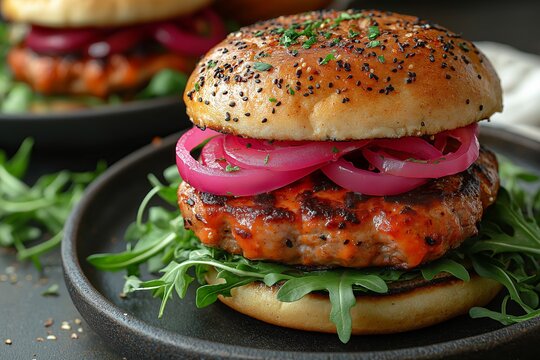 A burger with onions and a bun sits on a plate