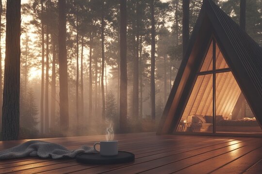 A cozy A-frame cabin nestled in a dense pine forest during golden hour.  - Powered by Adobe