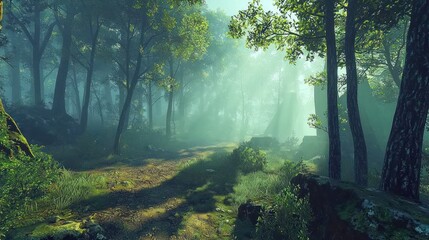 Obraz premium Misty forest path with sunlight.