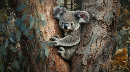 Obraz premium A baby koala clinging to a eucalyptus tree, its tiny paws gripping the bark as it explores its surroundings