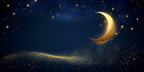 Fototapeta premium A crescent moon shines brightly in a night sky filled with twinkling stars