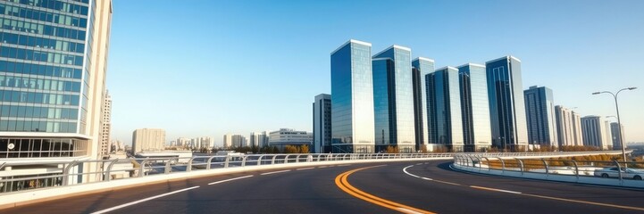 Obraz premium Modern cityscape with an asphalt road winding its way through a row of glass towers, modern architecture, concrete highway