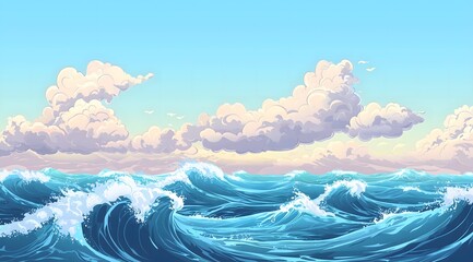 Stylized ocean waves under a cloudy sky