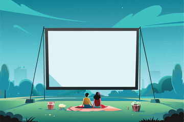 Vast campus lawn, giant inflatable movie screen, students relaxing on blankets, enjoying outdoor cinema.  Stars visible in twilight sky.