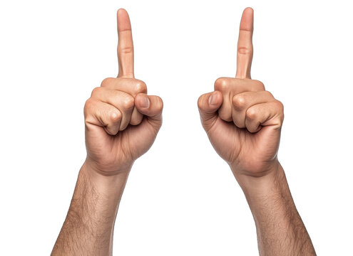 Hands raised with index fingers pointing upward, signaling attention and importance during a discussion or presentation in a neutral setting