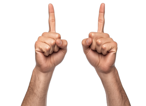 Hands raised with index fingers pointing upward, signaling attention and importance during a discussion or presentation in a neutral setting