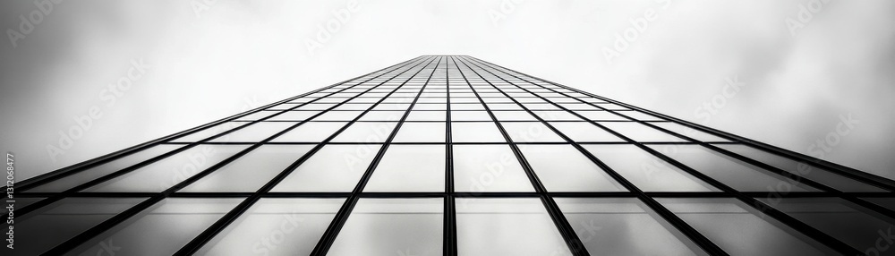Poster black and white perspective shot of a geometric structure, possibly a building, receding into a hazy