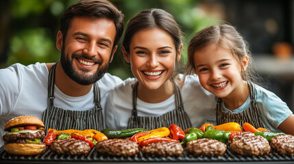 Cheerful family is cooking burgers. They are smiling and looking at camera.