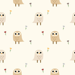 Owl cartoon so cute. On flower background. Pattern seamless vector illustration. 