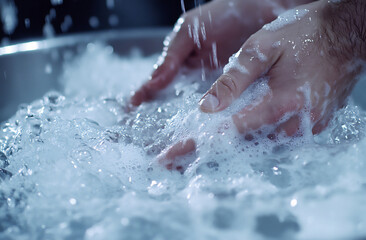 Fototapeta premium a close-up of hands being washed under running water in the bathroom sink,