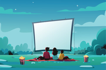 A large screen displays a movie on a lush green campus lawn at night, students relaxing on blankets, enjoying snacks and drinks under the stars.