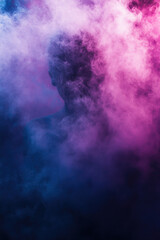 Mysterious silhouette in vibrant pink and blue smoke
