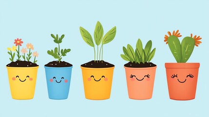 Obraz premium Colorful pots with happy plants growing inside.
