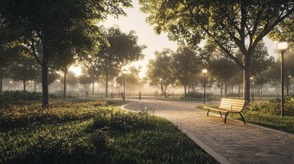 Obraz premium Serene sunrise in a misty park with a bench.
