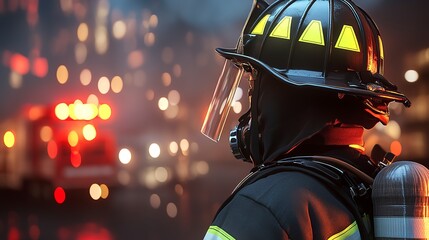 A Firefighter Silhouetted Against A Fiery Urban Backdrop, Reflecting Bravery And Dedication Amidst The Chaos Of An Emergency, With A Blurred Background And Warm, Intense Lighting