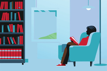 Serene Monday morning in a quiet library; a person engrossed in a book, sunlight streams through a window.