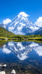 A majestic snow-capped mountain reflected in a pristine lake