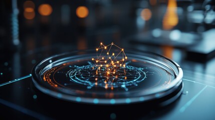 Fototapeta premium Futuristic medical research analyzing floating holographic data visualization with abstract digital molecules and connections Concept of advanced technology innovation and scientific discovery
