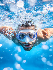 Naklejka premium A man wearing a diving mask swims underwater, surrounded by bubbles