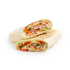 Shawarma, shaverma, doner with chicken and vegetables, on a white background, isolated.