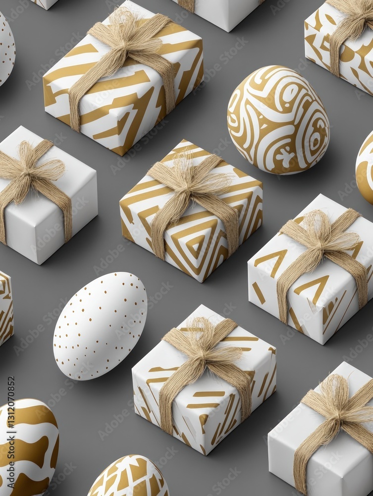 Poster arrangement of generic gift boxes and decorative eggs with golden patterns and ribbons on a gray sur