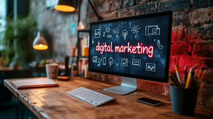 Digital marketing concept on modern computer screen. Business and technology concept.