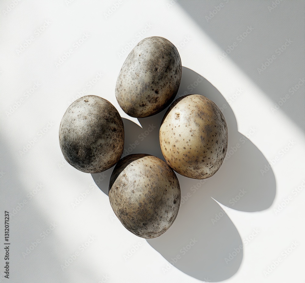 Poster four unique eggs with varied speckles and patterns on a simple background in natural light