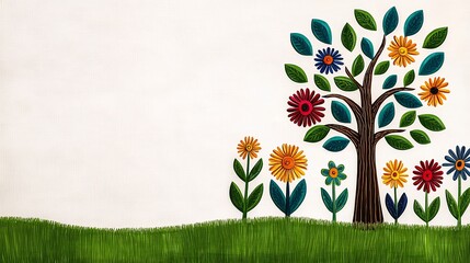 A colorful tree with vibrant flowers stands against a textured background in bright natural light, showcasing a whimsical and artistic design.