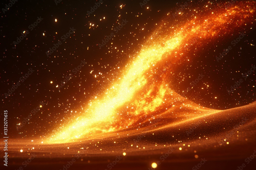 Poster abstract background with glowing orange particles and a wave like form. dark background with bright 