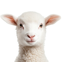 Cute fluffy white lamb with bright eyes looking directly at the camera in a studio environment on a bright background
