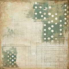 Vintage Newsprint Scrapbook Paper with Polka Dots, Shabby Chic, Aged Look