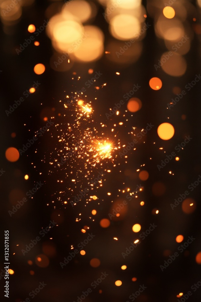 Poster abstract image of glowing particles and bokeh lights in warm colors against a dark background. spark